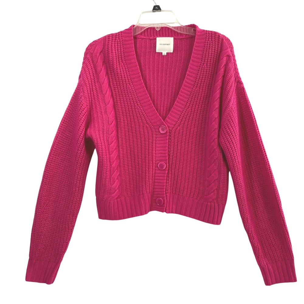 No Comment‎ Cardigan Womens Medium Pink Chunky Cable Knit Button Up Sweater